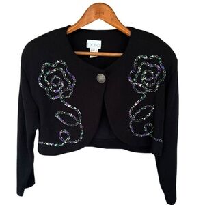Vintage Black Bolero Jacket with Appliqué Size 12 Single Silver Button Closure